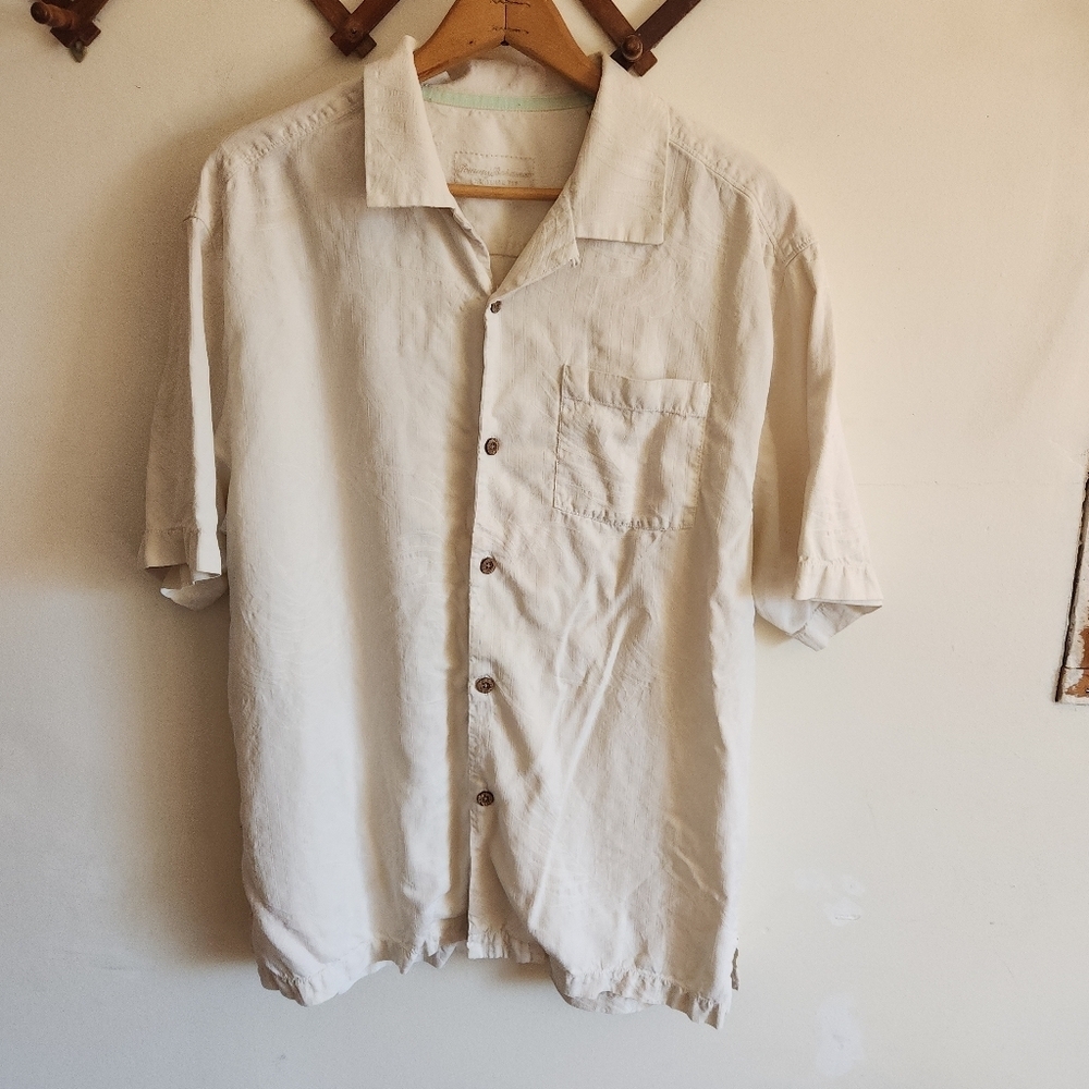 Tommy Bahama Silk Short-Sleeve Casual Button-Up Shirt Cream White Hawaiian Large